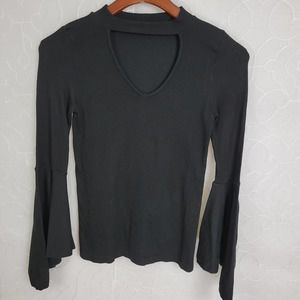 Suzette Womens Blouse Size S Black Cut Out Neck Flare Long Sleeve Pullover